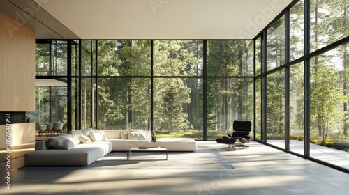 Bright modern living room with forest view and minimalist decor