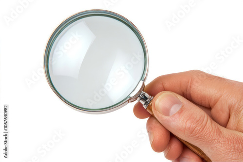 Person Examining Details Closely With a Magnifying Glass on a White Isolated Background