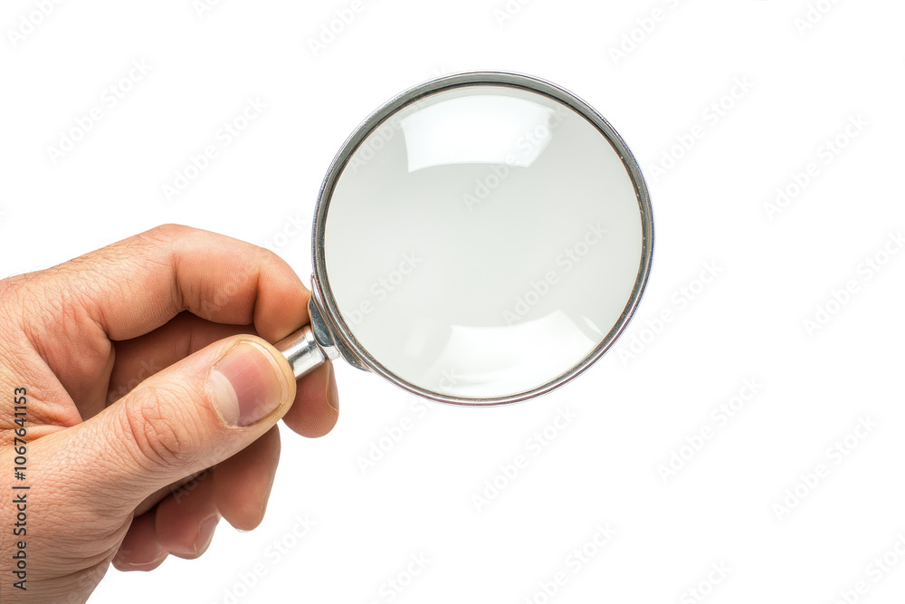 Hand Holding a Magnifying Glass Against a White Background for Detailed Examination Purposes Hand Holding a Magnifying Glass Against a White Background for Detailed Examination Purposes