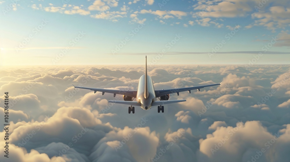 Passenger airplane flies in the blue sky between the clouds. View directly in front, Travel and Adventure concept.