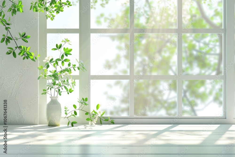 Desk with green plant and spring view through window. Desk with green plant and spring view through window.