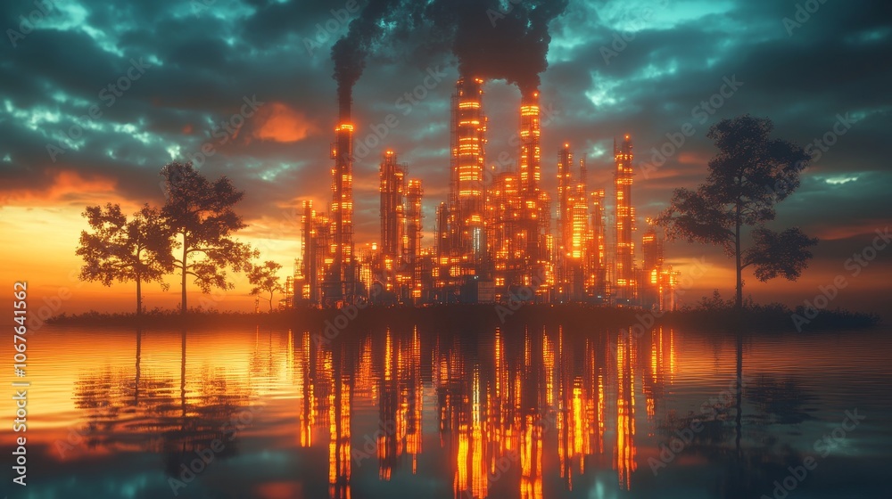 A captivating view of an industrial cityscape reflected in water during sunset. A captivating view of an industrial cityscape reflected in water during sunset.