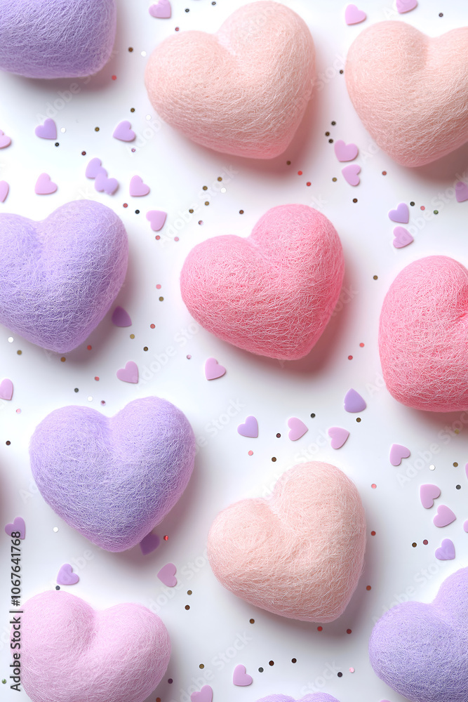 Obraz premium Pink and purple heart-shaped marshmallows on a white background give a romantic and loving feel. This is a vertical image perfect for a Valentine's Day card.