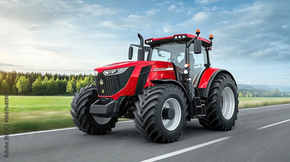 A striking red tractor cruising along a rural road under a bright sunny sky with foggy hues and picturesque fields nearby A striking red tractor cruising along a rural road under a bright sunny sky with foggy hues and picturesque fields nearby