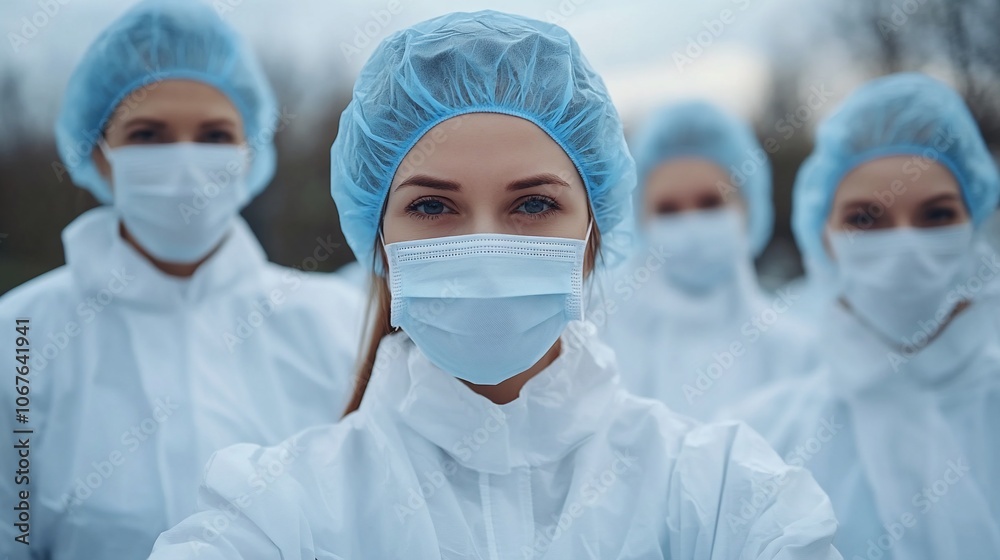Four women in white protective suits and masks look at the camera. Four women in white protective suits and masks look at the camera.