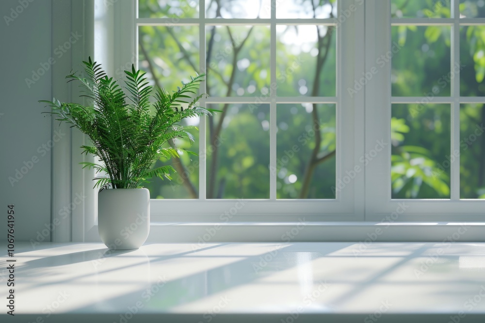 Desk with green plant and spring view through window. Desk with green plant and spring view through window.