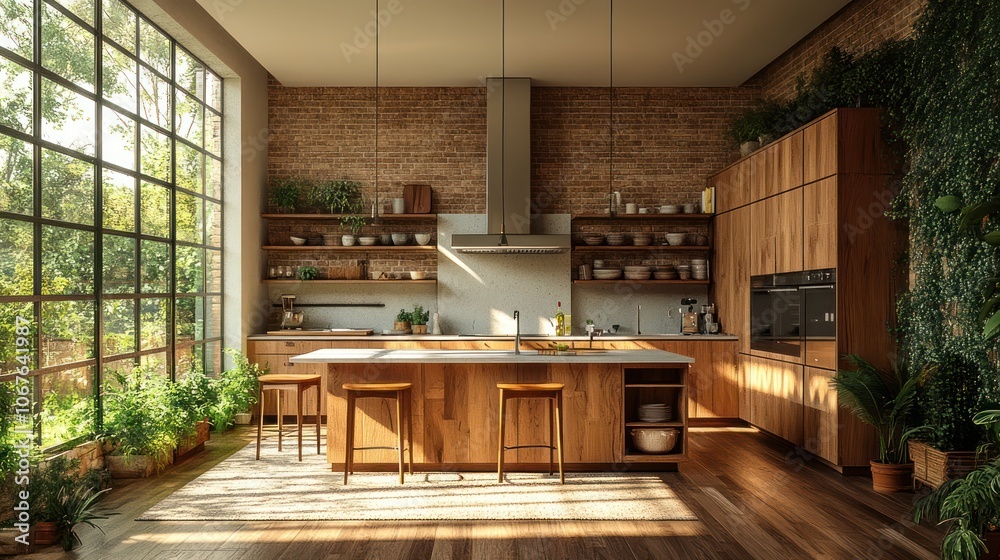 Naklejka premium Modern kitchen with large windows, wood cabinets, and a brick wall.