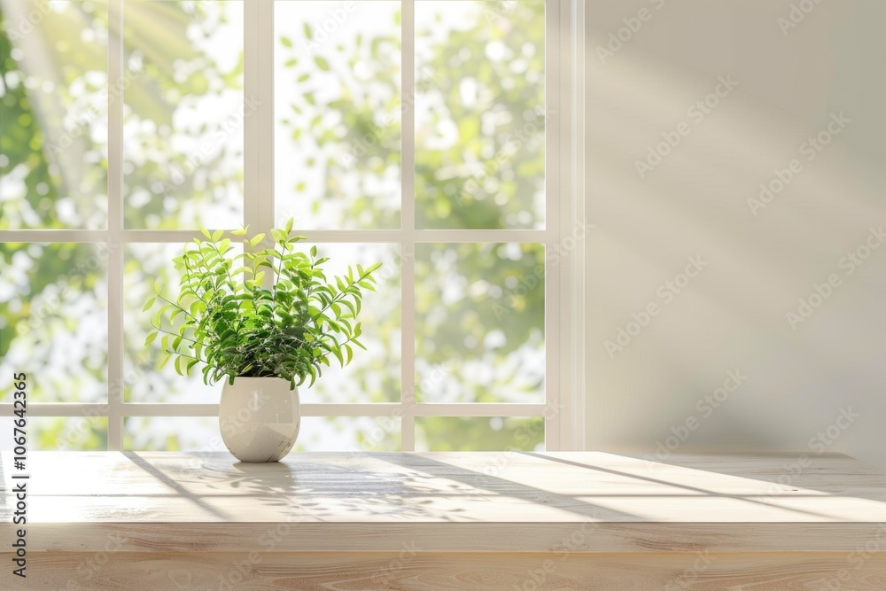 Desk with green plant and springtime window view. Desk with green plant and springtime window view.