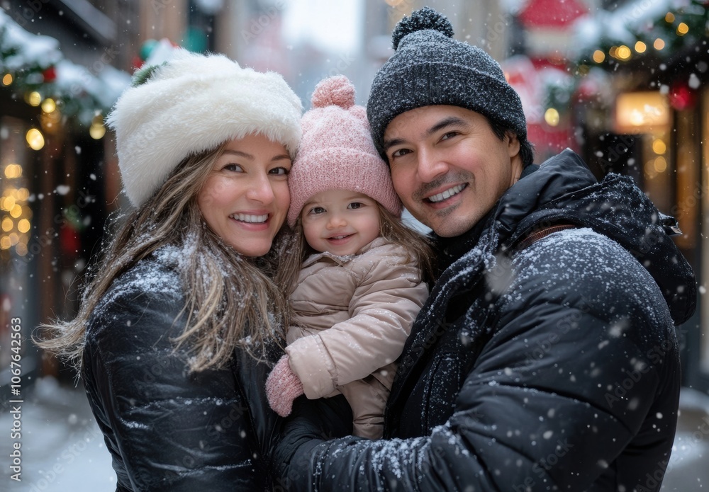 Family enjoying a snowy winter day in a festive, decorated street Family enjoying a snowy winter day in a festive, decorated street