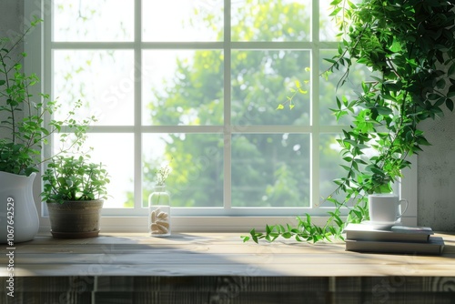 Desk with green plant and springtime window view.