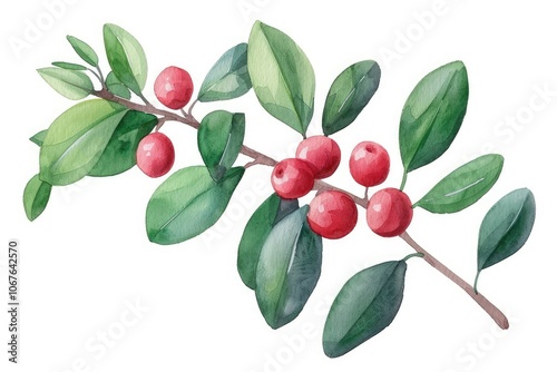 A vibrant watercolor illustration of a branch with green leaves and red berries, showcasing natural beauty and botanical detail.