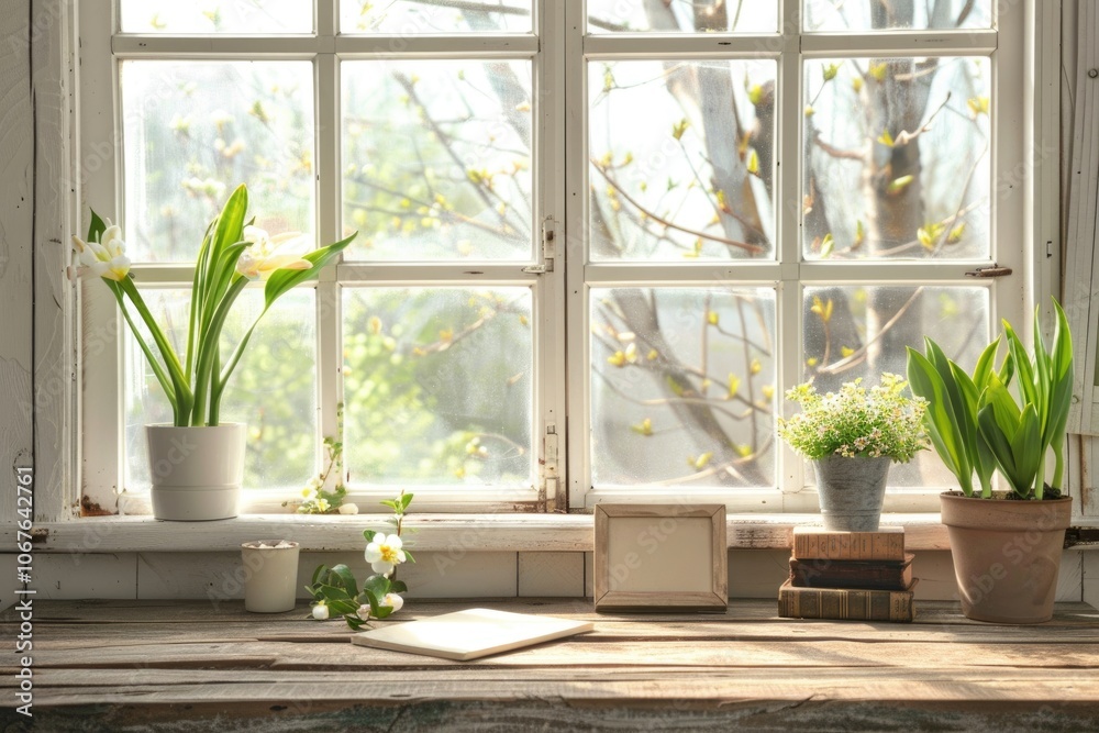 Fototapeta premium Desk of free space with old wood display and white window background of spring time.