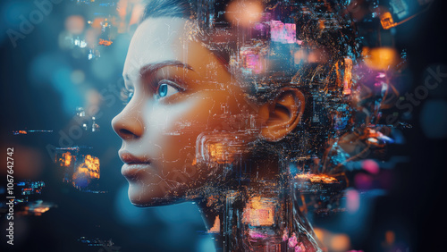 Futuristic Portrait of a Female AI with Digital Interface Elements