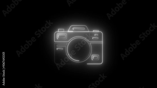 Glowing neon line Camera animated icon isolated. digital camera photograph photo picture camera animated on black background. photo