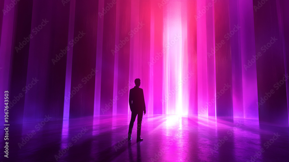 A silhouetted person stands in a glowing, pink and purple illuminated corridor. Concept of exploration and surreal adventure. A silhouetted person stands in a glowing, pink and purple illuminated corridor. Concept of exploration and surreal adventure.