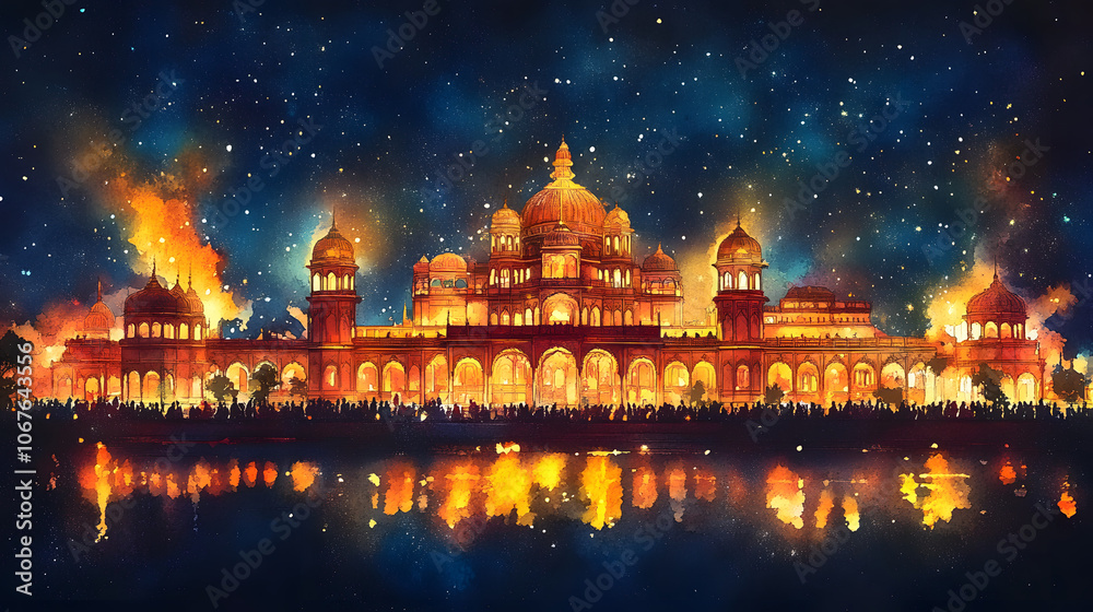 Fototapeta premium a captivating watercolor poster illustration of the mysore dasara celebration featuring a beautifully lit palace at night surrounded by vibrant festivities and a starry sky