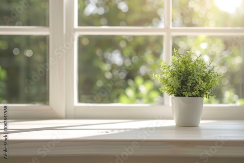 White kitchen desk with green plant spring background.