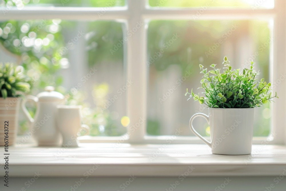 White kitchen desk with green plant  spring background.