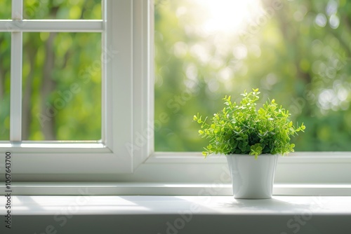 White kitchen desk with green plant spring background.