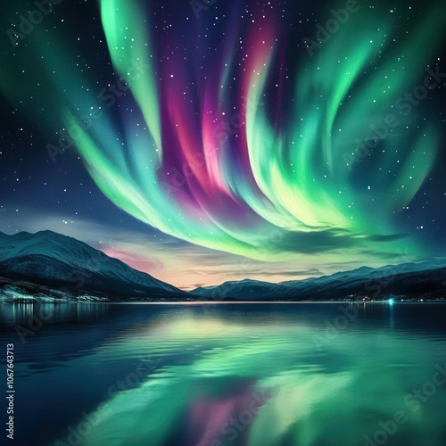 a dreamy aurora borealis, the swirling bands of vibrant colors illuminated by a starlit sky. The aurora reflects on a pristine lake, creating an enchanting spectacle.