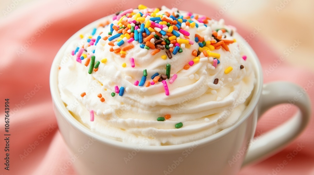 Delicious whipped cream topped with colorful sprinkles in white cup Delicious whipped cream topped with colorful sprinkles in white cup