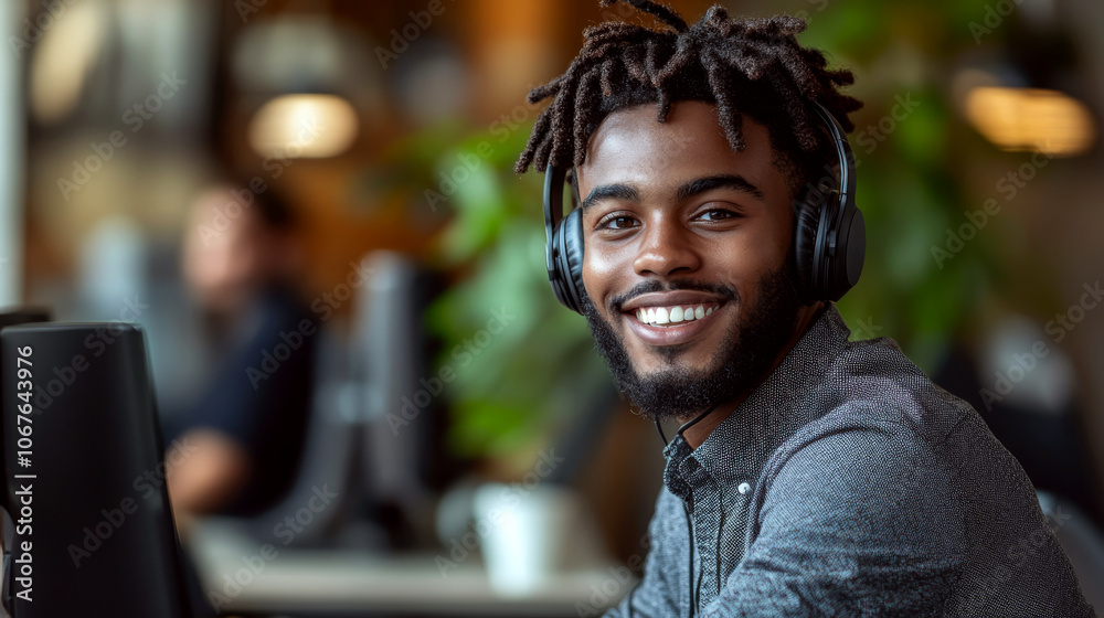 Fototapeta premium Smiling person wearing headphones, sitting at a desk with computers in a vibrant office setting. Concept of modern work environment and technology.