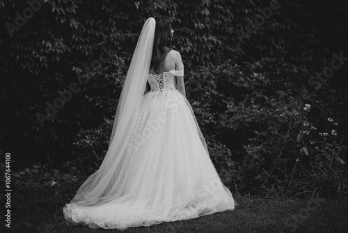 Bride in a wedding dress with veil standing before ivy photo