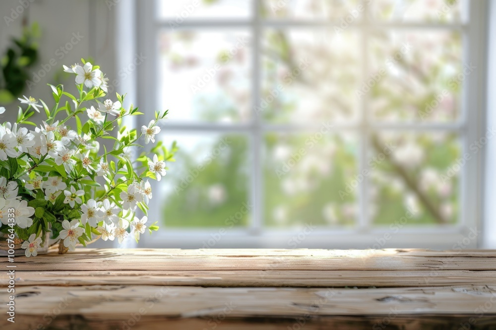 Spring themed product display with white window and flowers. Spring themed product display with white window and flowers.