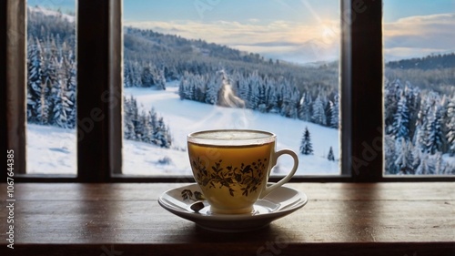 window sill with a cup of tea on it in front of a snowy landscape, winter background