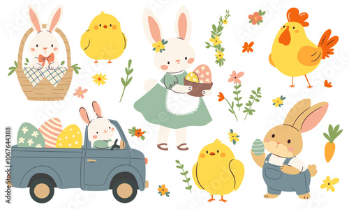 Set of flat vector illustrations in children's style on the theme of Easter holidays. Cute bunnies on a truck, chickens Easter eggs daisies and plants. Vector illustration