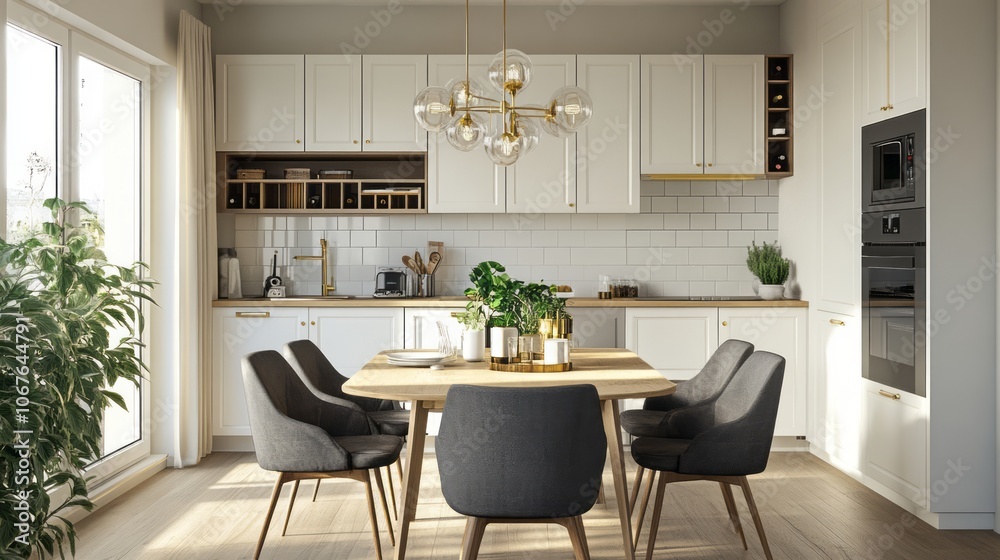 Modern kitchen interior with a dining table and white cabinets Modern kitchen interior with a dining table and white cabinets