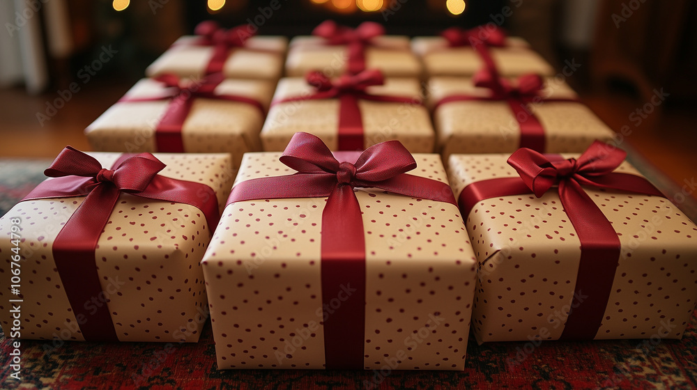 Neatly wrapped gifts with red ribbons on a table. Neatly wrapped gifts with red ribbons on a table.