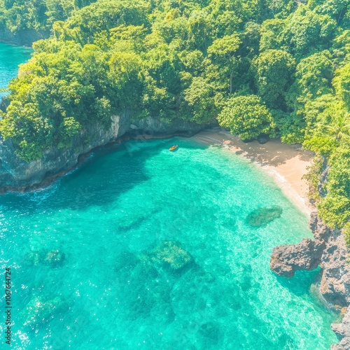 Aerial view of a serene beach surrounded by lush greenery and clear waters.