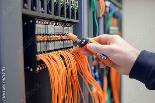 Person connecting wires in an electrical box, using wire nuts and a voltage tester photo