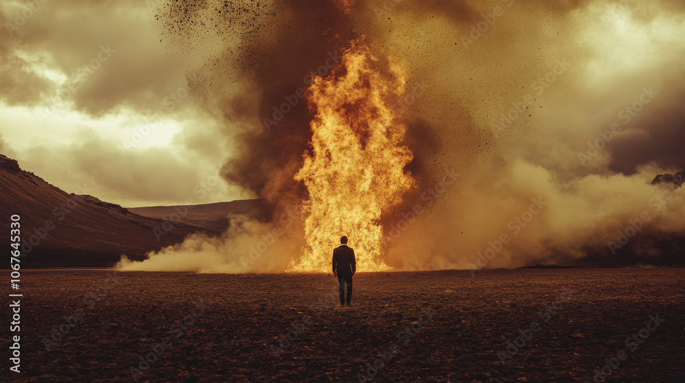 Naklejka premium Desolate Landscape, Raging Fire, Man, Surreal Atmosphere, Cinematic Photography