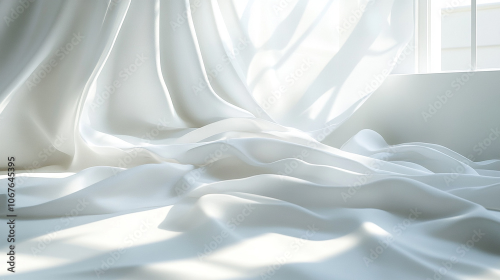 Fototapeta premium White bed linens with sunlight through window.