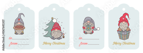 Christmas label set with Swedish gnome Nisse. Merry Christmas gift tags. Gray and red color. Scrapbook winter holiday greeting card collection with cute adorable cartoon Scandinavian gnomes Tomte.