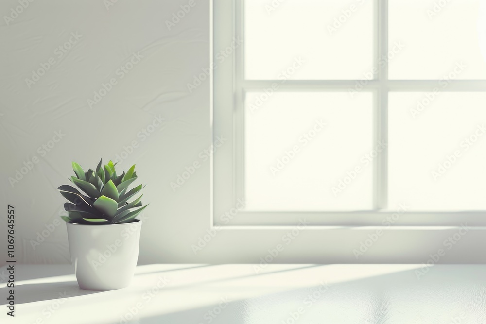 Fototapeta premium White desk with free space for decoration and small plant.