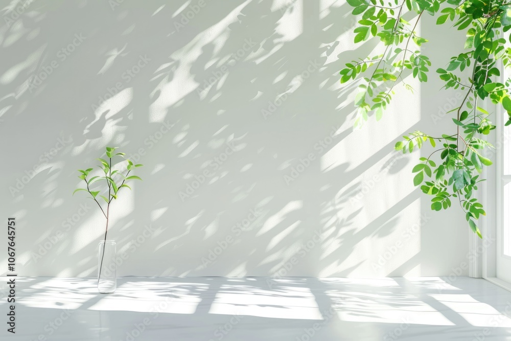 Obraz premium White table with spring window and green plant decoration.