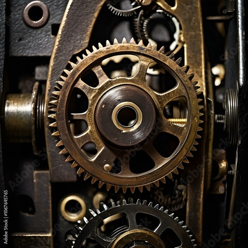 Close-up of intricate mechanical gears and cogs in vintage machinery 