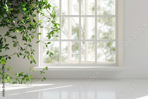 White table with spring window and green plant decoration.