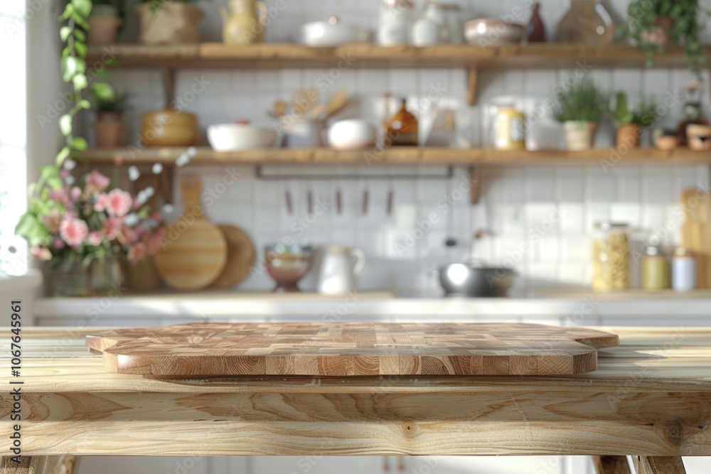Wooden stand on table in kitchen interior and free space Wooden stand on table in kitchen interior and free space
