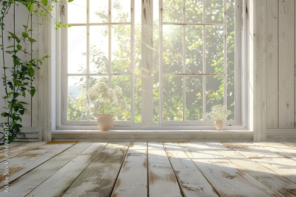 Wooden table with white wall and spring window. Wooden table with white wall and spring window.