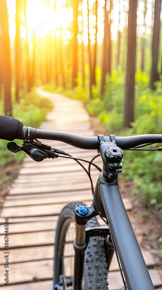 Morning ride on a forest trail with a mountain bike's handlebars illuminated by the sunrise and surrounded by nature's beauty