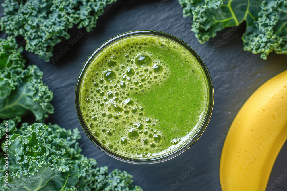 Smoothie made with spinach, kale, banana, almond milk, and a scoop of protein powder, blended until smooth and creamy for a nutritious breakfast or post-workout snack Smoothie made with spinach, kale, banana, almond milk, and a scoop of protein powder, blended until smooth and creamy for a nutritious breakfast or post-workout snack