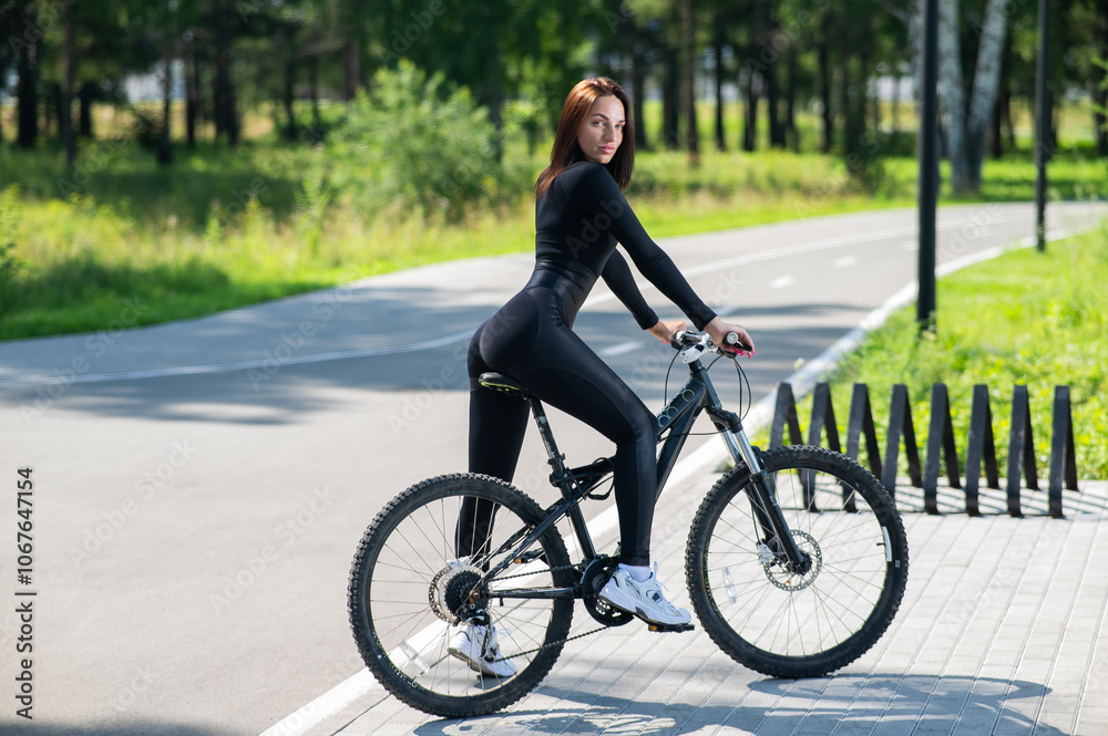 Rear view of Caucasian woman riding bike in park. Rear view of Caucasian woman riding bike in park.