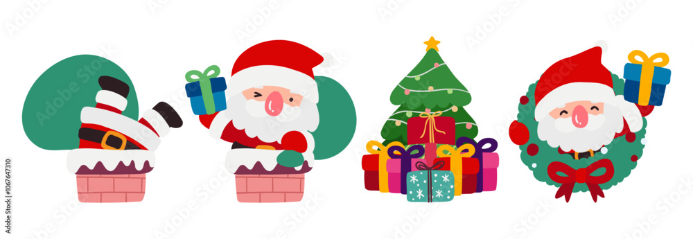 Santa Claus Set with Chimney, Gift Boxes, Christmas Tree, and Wreath. Doodle Style Vector Illustration Santa Claus Set with Chimney, Gift Boxes, Christmas Tree, and Wreath. Doodle Style Vector Illustration