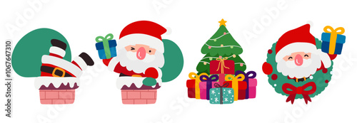 Santa Claus Set with Chimney, Gift Boxes, Christmas Tree, and Wreath. Doodle Style Vector Illustration