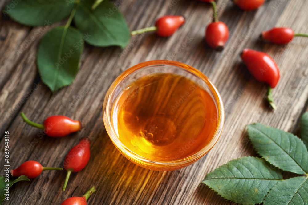 Rosehip seed oil in a glass bowl with fresh rose hip berries Rosehip seed oil in a glass bowl with fresh rose hip berries