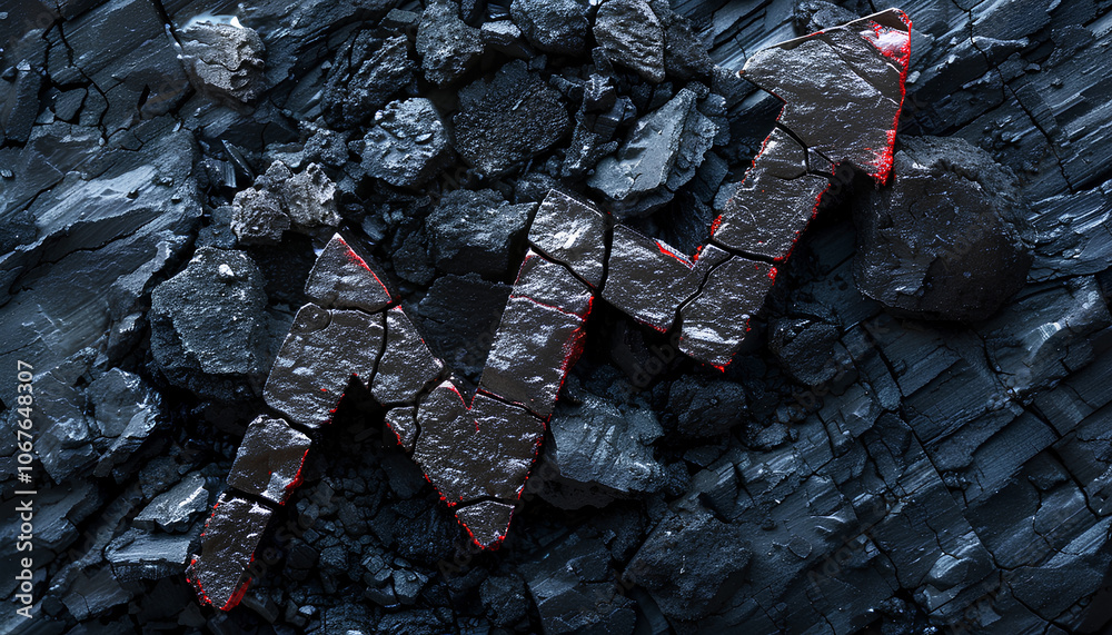 Arrow down on coal background. The concept of falling prices, mining, import, export, production, sales or supply of coal Arrow down on coal background. The concept of falling prices, mining, import, export, production, sales or supply of coal